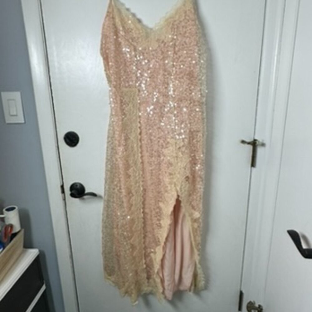 EUC En Elly Anthropologie Pink Sequined Slip Dress w/Cream Lace Trim Size S - Picture 8 of 10